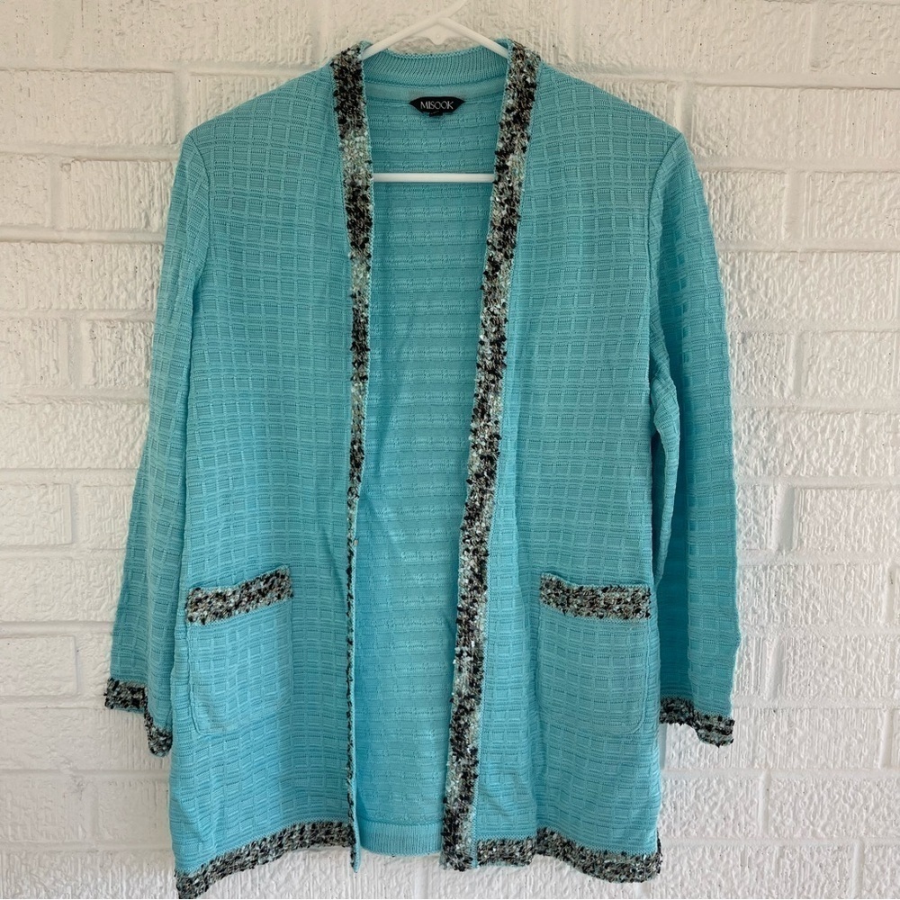 Misook Ribbon Fringe Trim Check Knit Jacket Frosty Blue Elegant Size Small